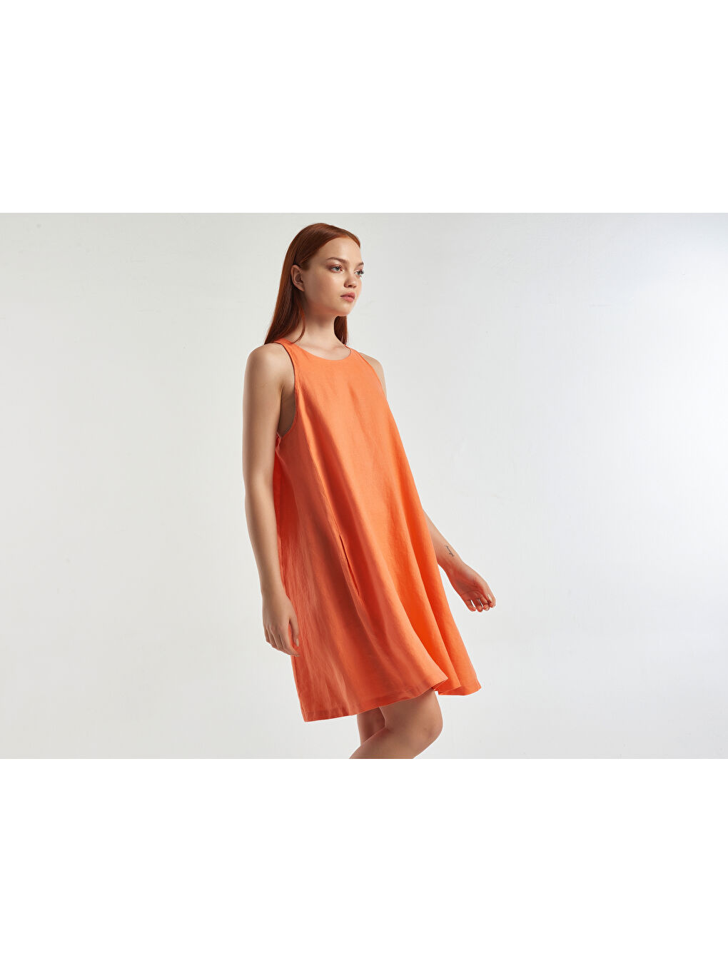 Kadın Mercan %100 Keten Kolsuz Elbise-1