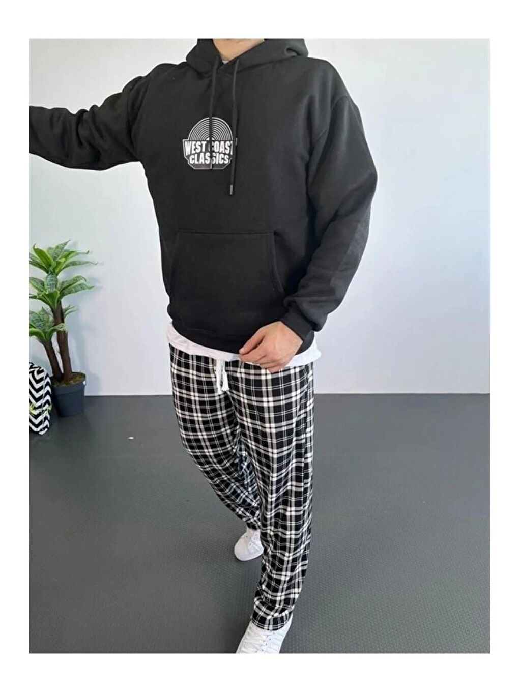 Siyah Erkek Oversize Üç İplik Kapüşonlu Sweatshirt