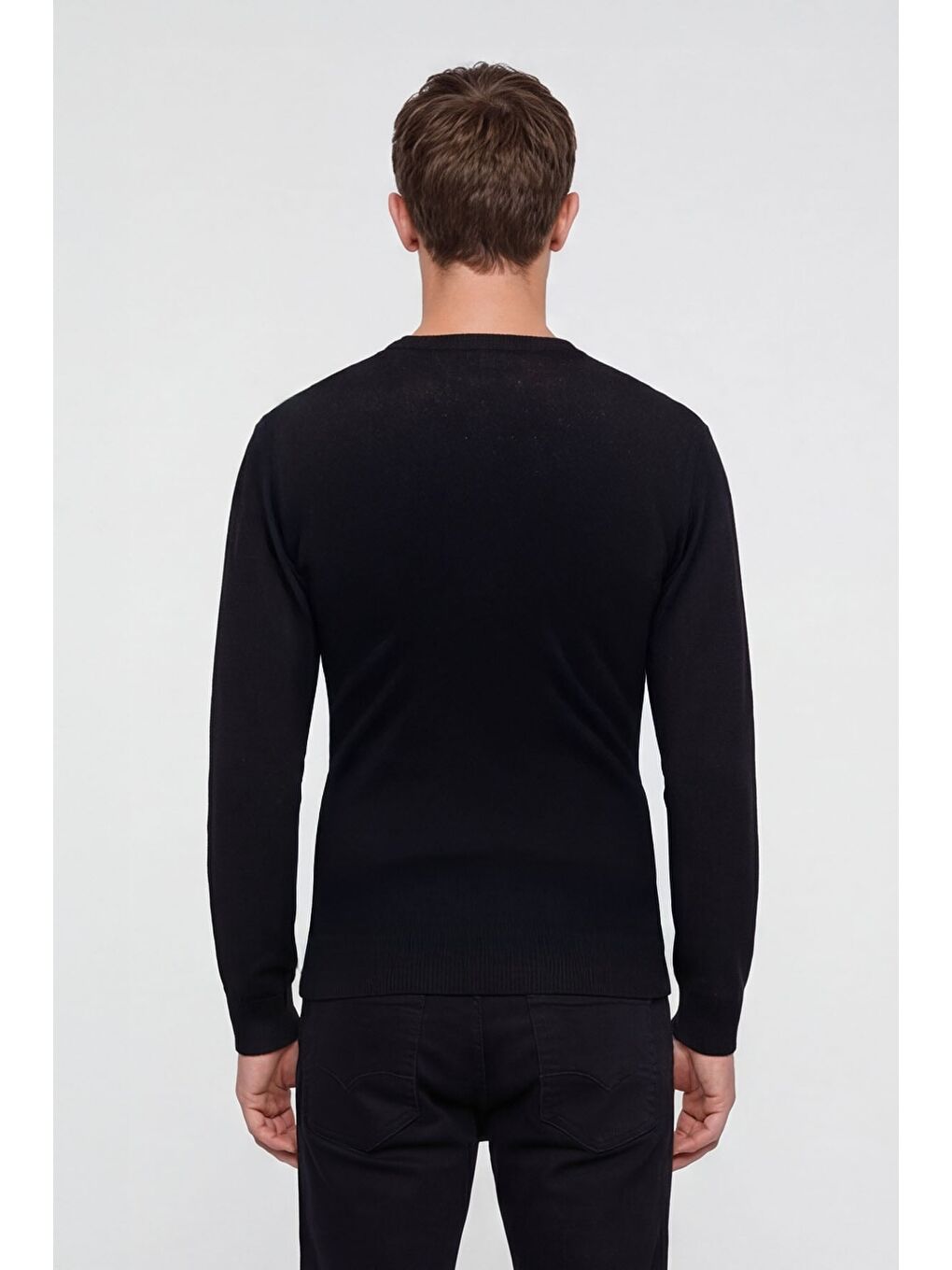 Erkek Siyah Normal Kesim Regular Fit Yünlü Bisiklet Yaka Minimal Triko Kazak-3