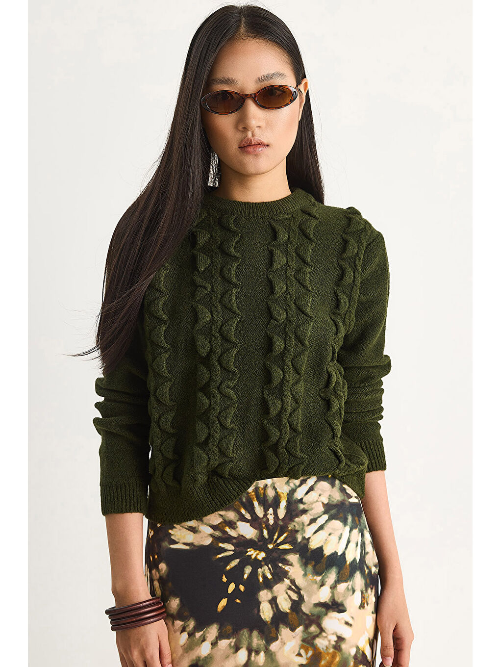 Yeşil Kadın Bisiklet Yaka Fırfırlı Yumoş Triko Kazak