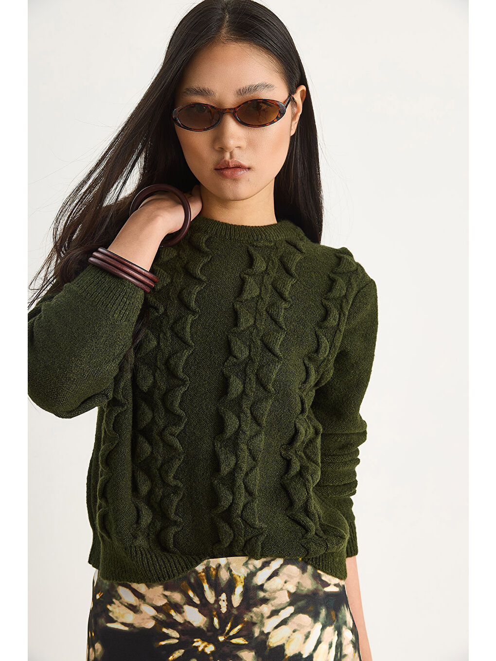 Yeşil Kadın Bisiklet Yaka Fırfırlı Yumoş Triko Kazak-1