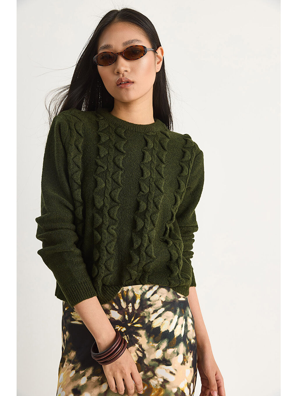 Yeşil Kadın Bisiklet Yaka Fırfırlı Yumoş Triko Kazak-2