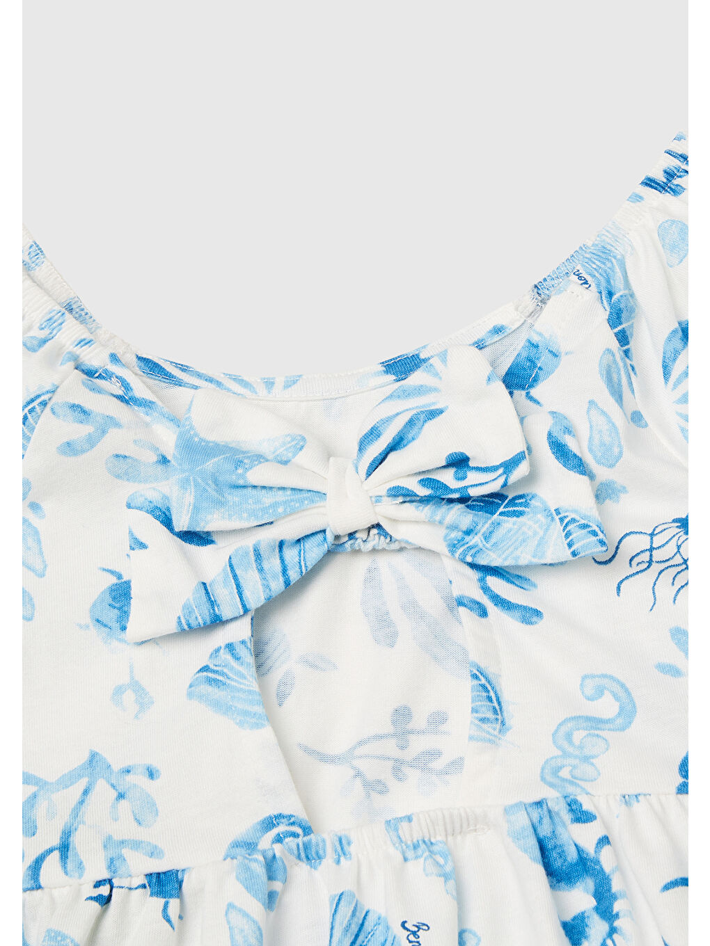 Kız Çocuk Mavi Desenli Önü Fiyonklu Kolları ve Eteği Pileli Elbise-2