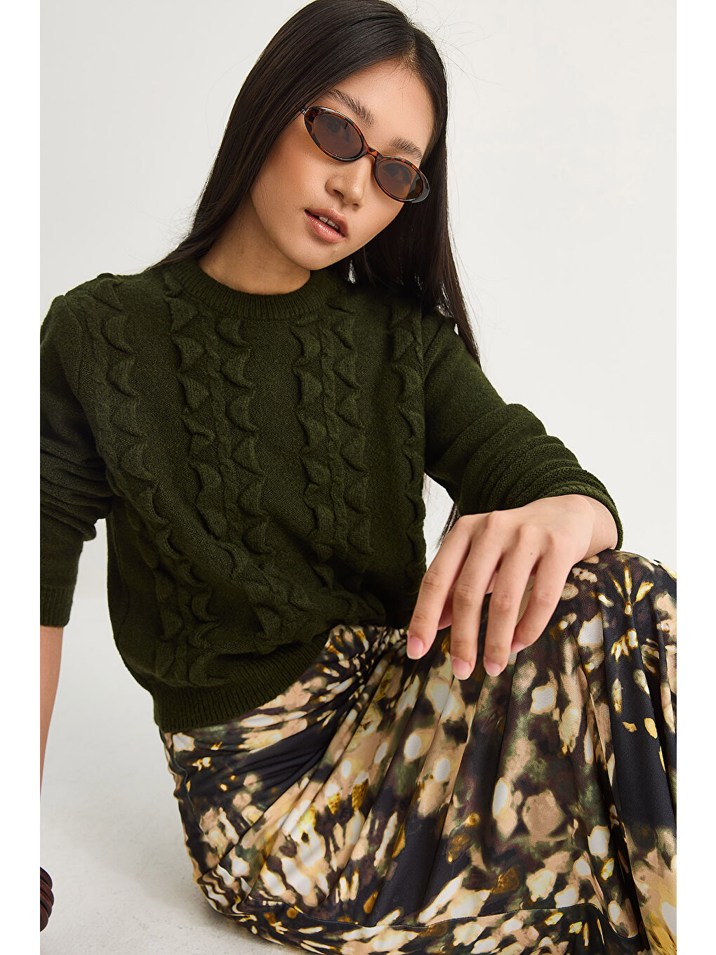 Yeşil Kadın Bisiklet Yaka Fırfırlı Yumoş Triko Kazak-3