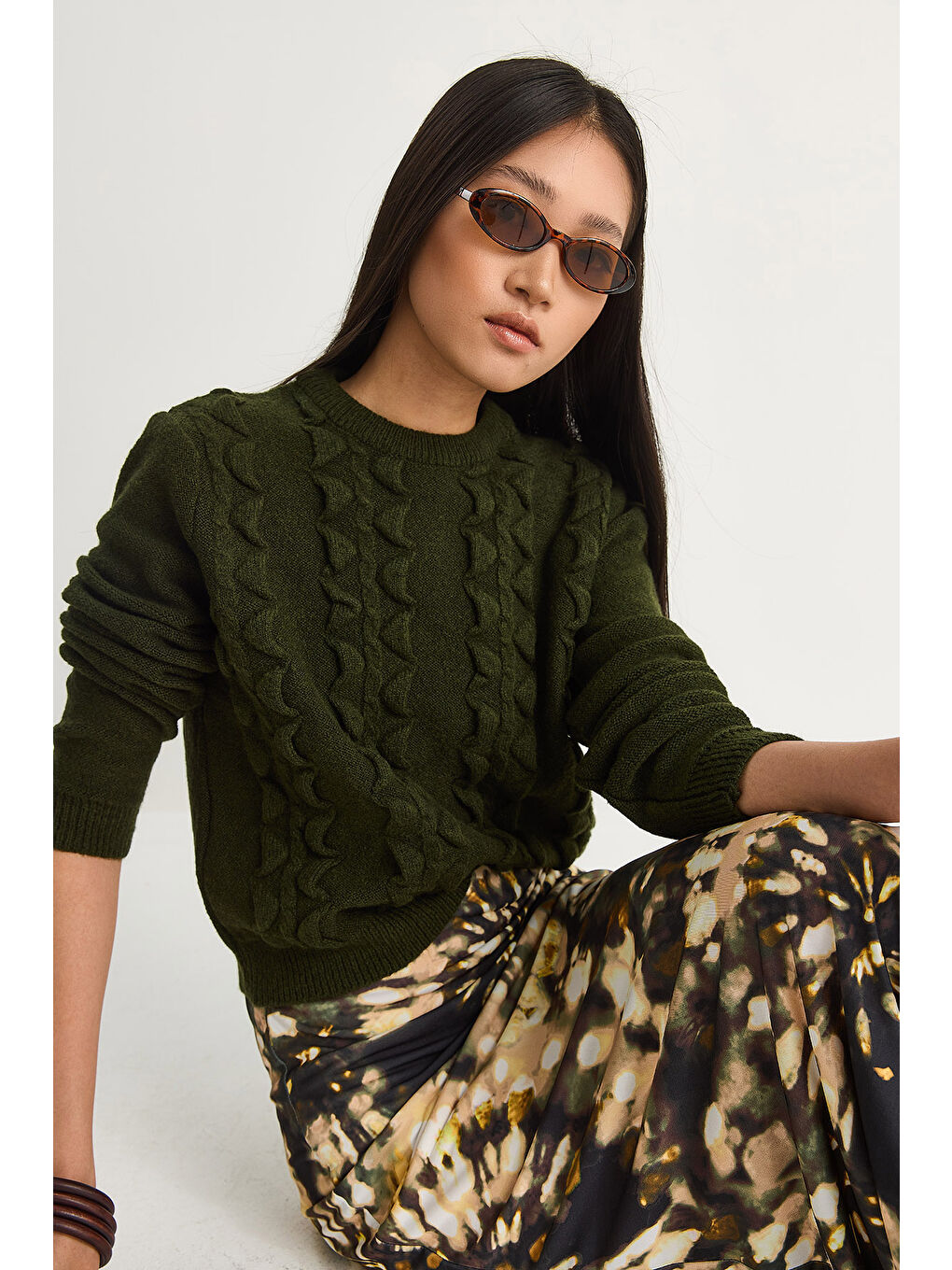 Yeşil Kadın Bisiklet Yaka Fırfırlı Yumoş Triko Kazak-4