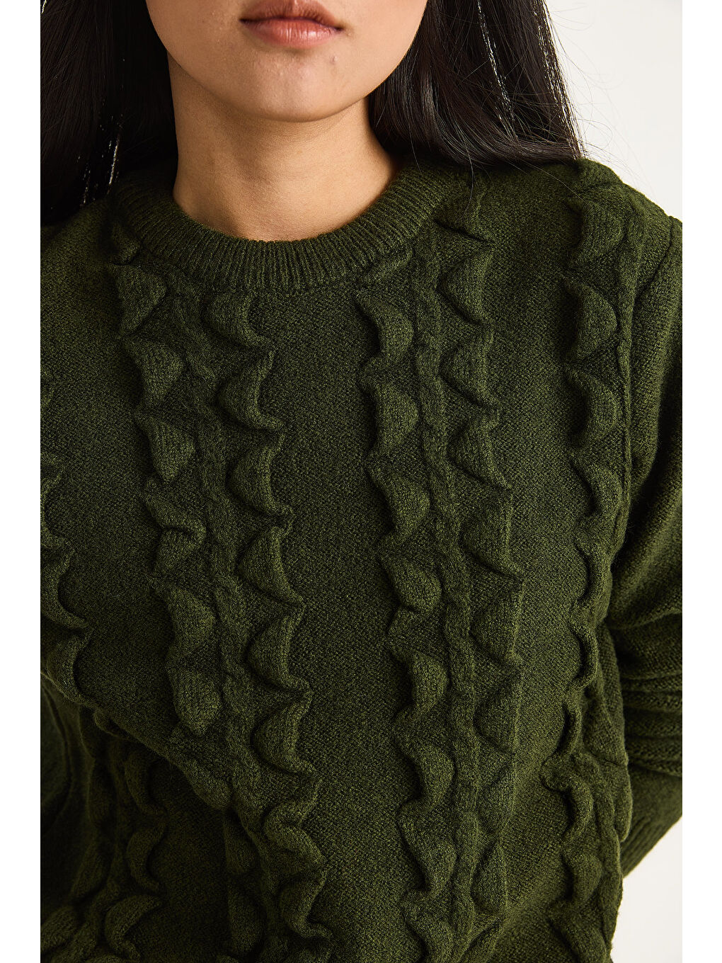 Yeşil Kadın Bisiklet Yaka Fırfırlı Yumoş Triko Kazak-5