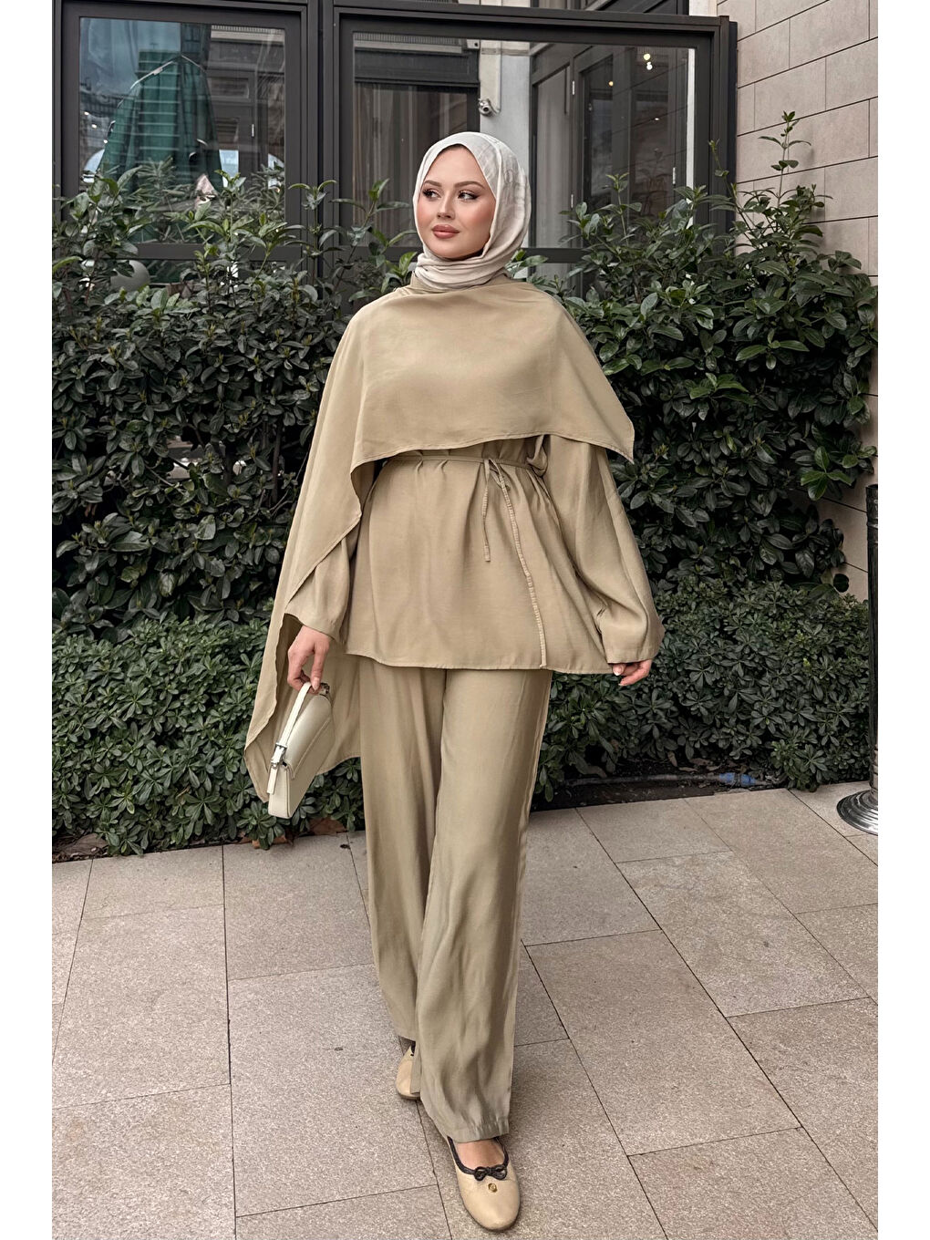 Bej Kadın Şal Detay Bel Bağlamalı Takım Vizon-1