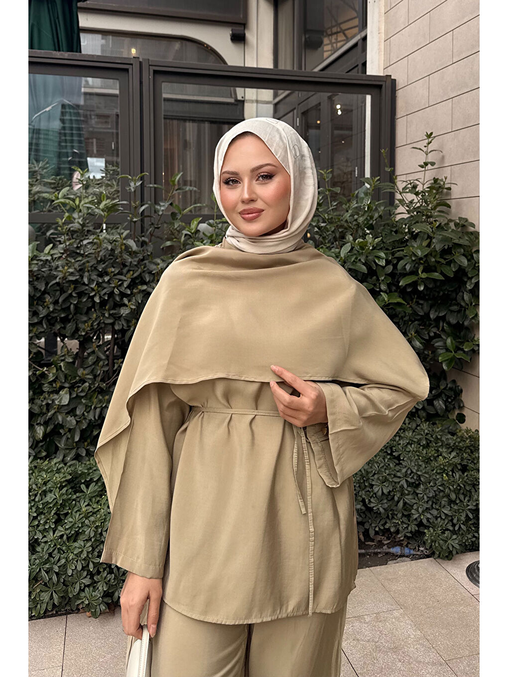 Bej Kadın Şal Detay Bel Bağlamalı Takım Vizon-2