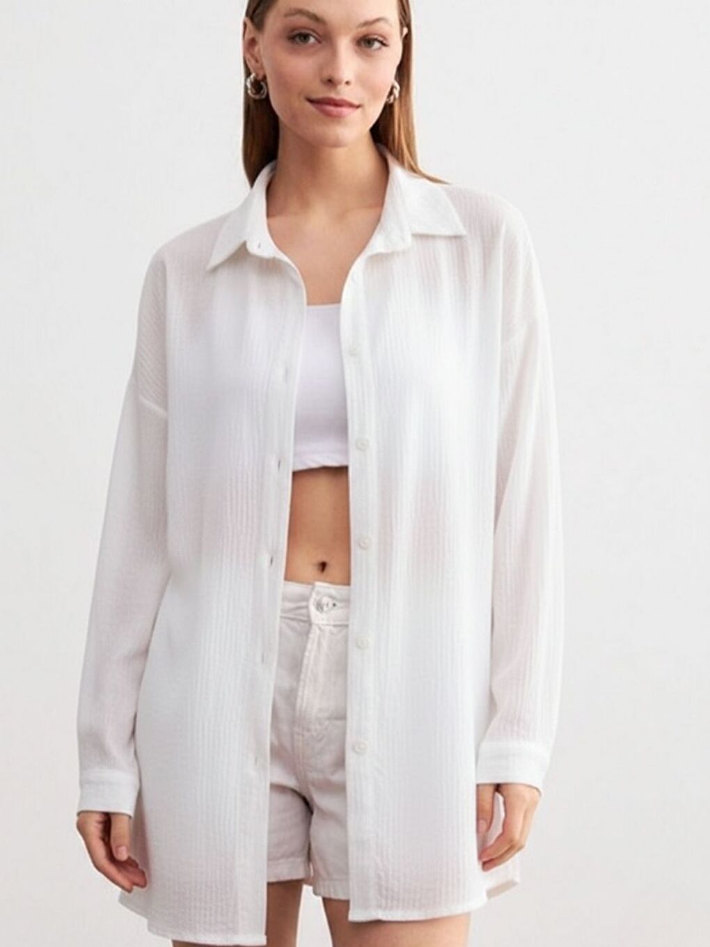 Kadın Beyaz Uzun Krinkıl Gömlek