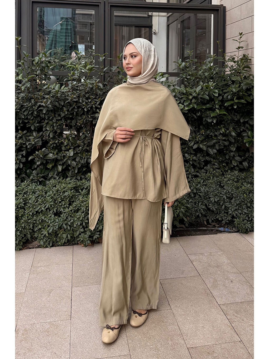 Bej Kadın Şal Detay Bel Bağlamalı Takım Vizon-4