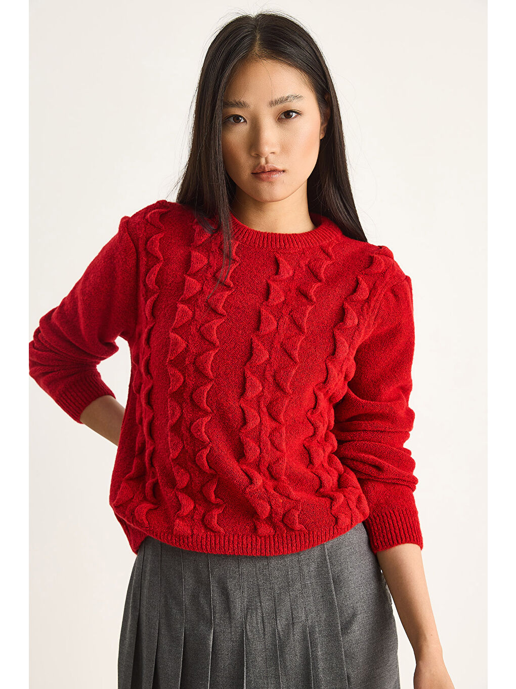 Kırmızı Kadın Bisiklet Yaka Fırfırlı Yumoş Triko Kazak-2