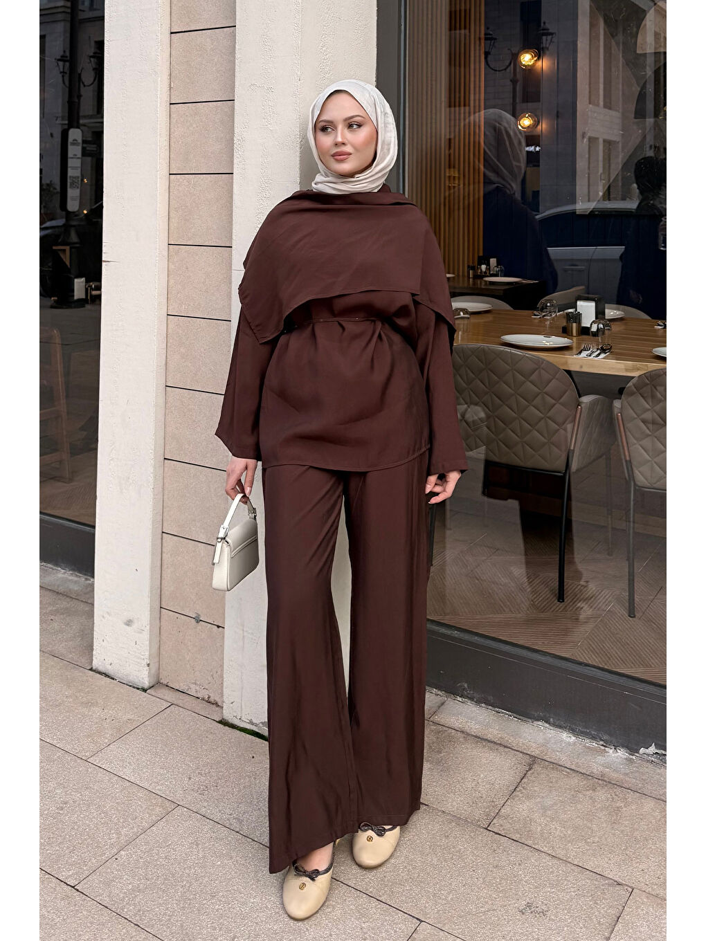 Kadın Şal Detay Bel Bağlamalı Takım Kahverengi