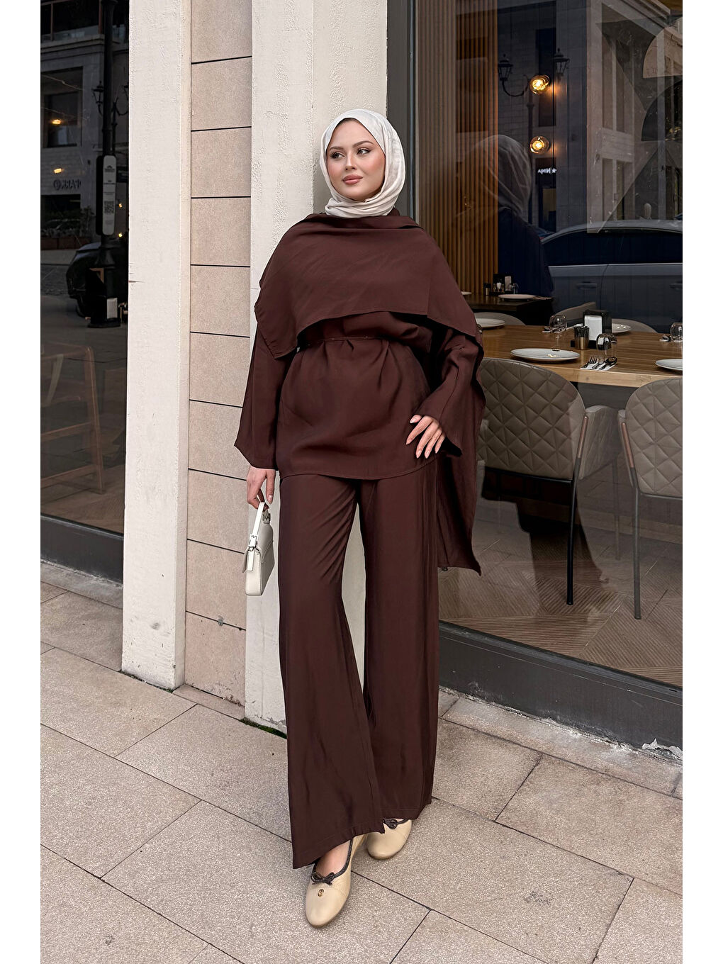 Kadın Şal Detay Bel Bağlamalı Takım Kahverengi-2