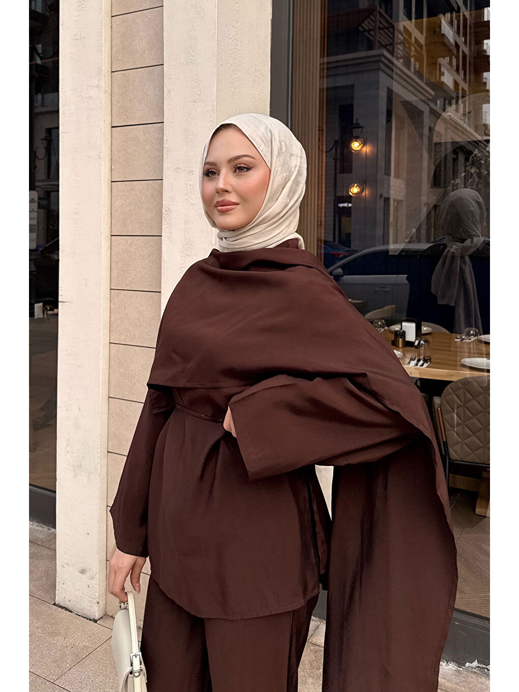 Kadın Şal Detay Bel Bağlamalı Takım Kahverengi-3