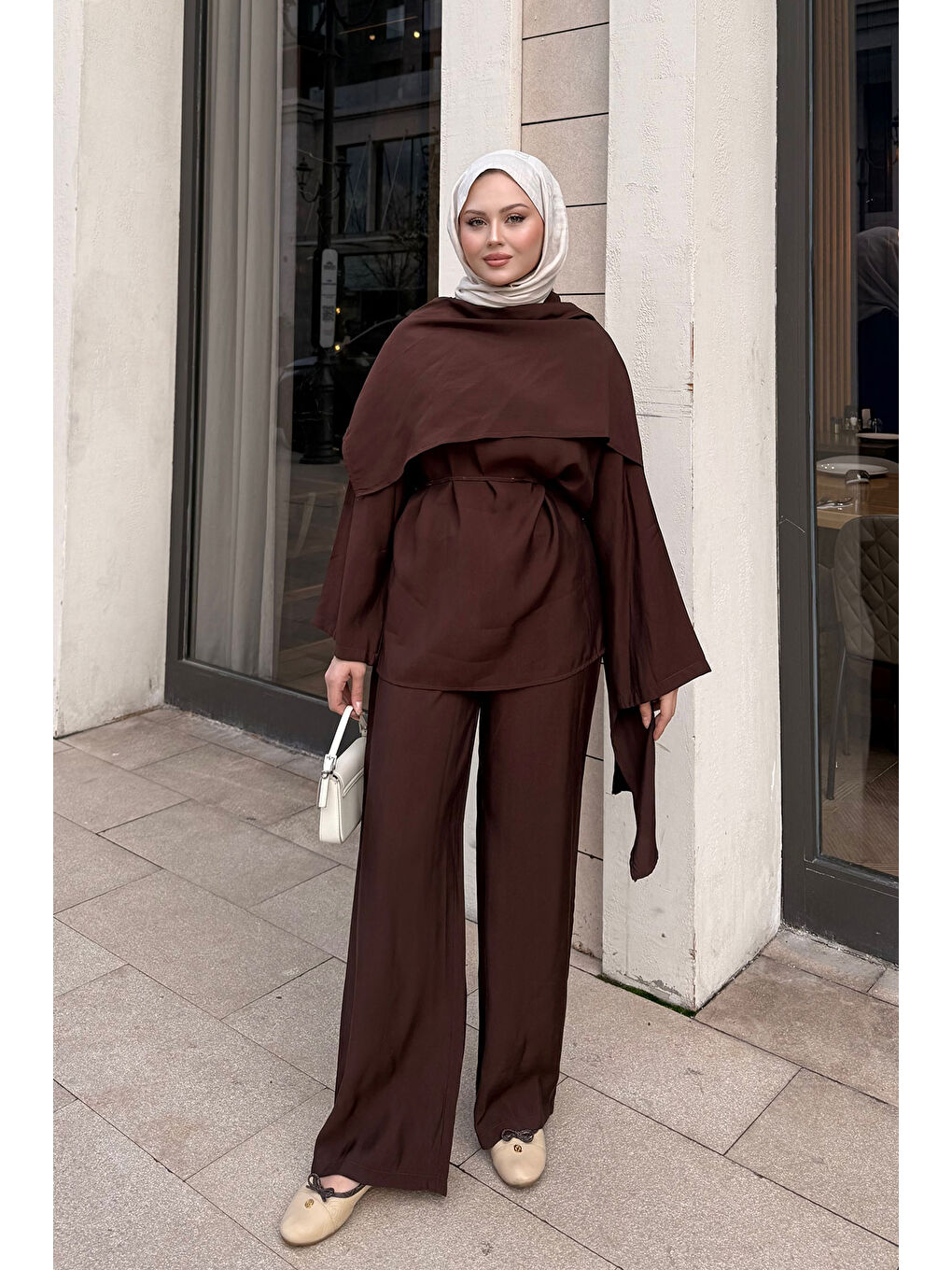 Kadın Şal Detay Bel Bağlamalı Takım Kahverengi-4