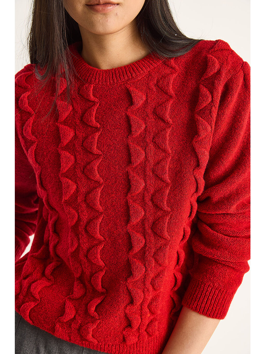 Kırmızı Kadın Bisiklet Yaka Fırfırlı Yumoş Triko Kazak-5