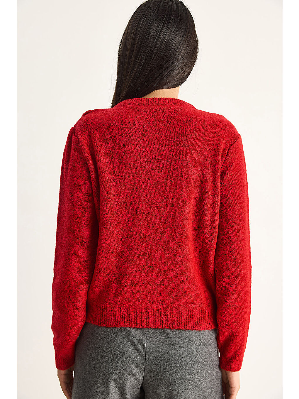 Kırmızı Kadın Bisiklet Yaka Fırfırlı Yumoş Triko Kazak-6