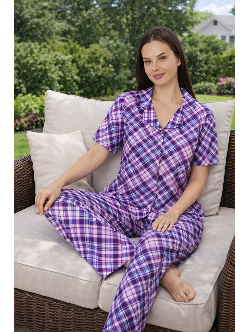 Kadın Desenli Kısa Kol Suprem Pijama Takımı 0229 Mor-1