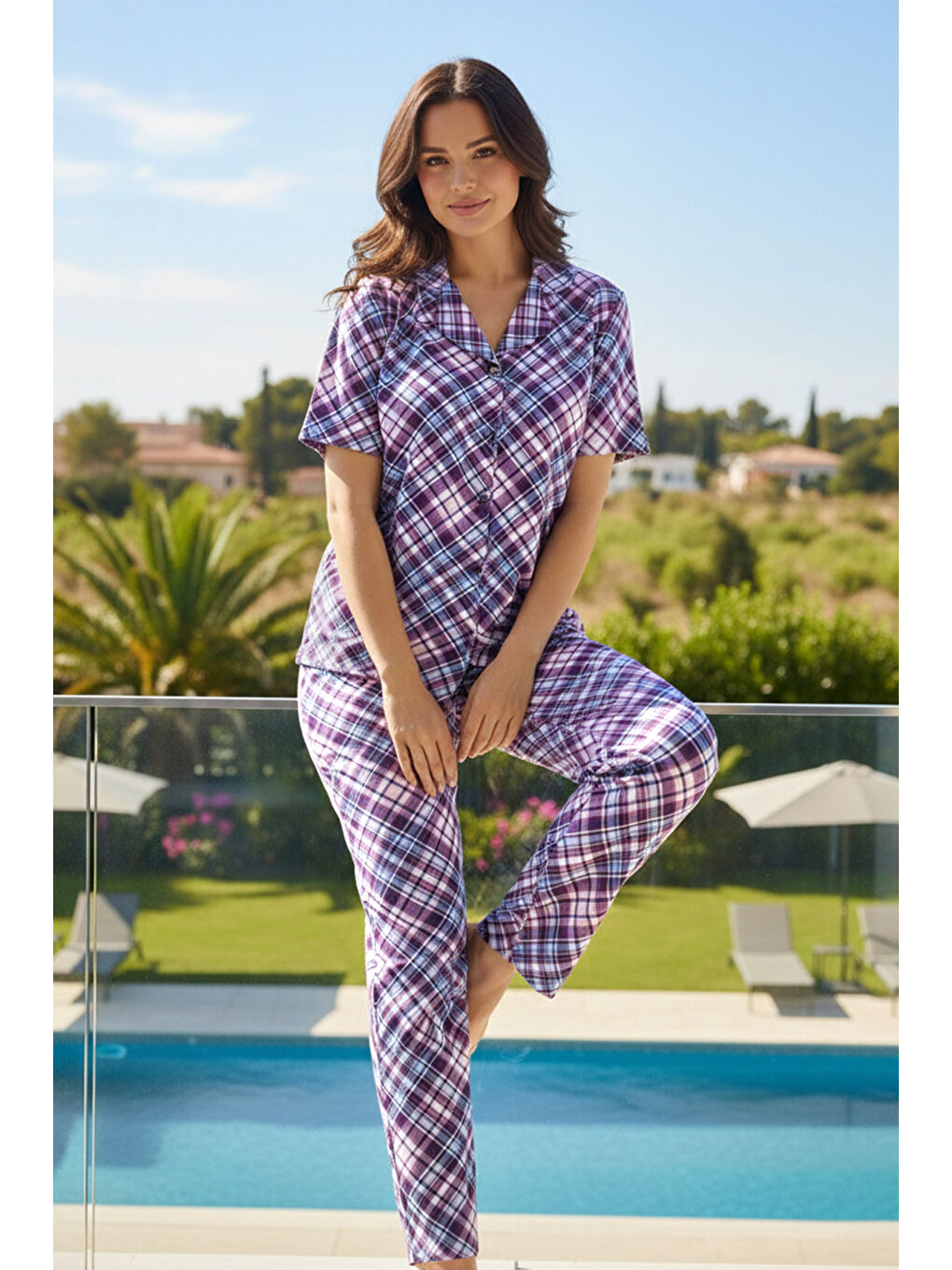 Kadın Desenli Kısa Kol Suprem Pijama Takımı 0229 Mor-2