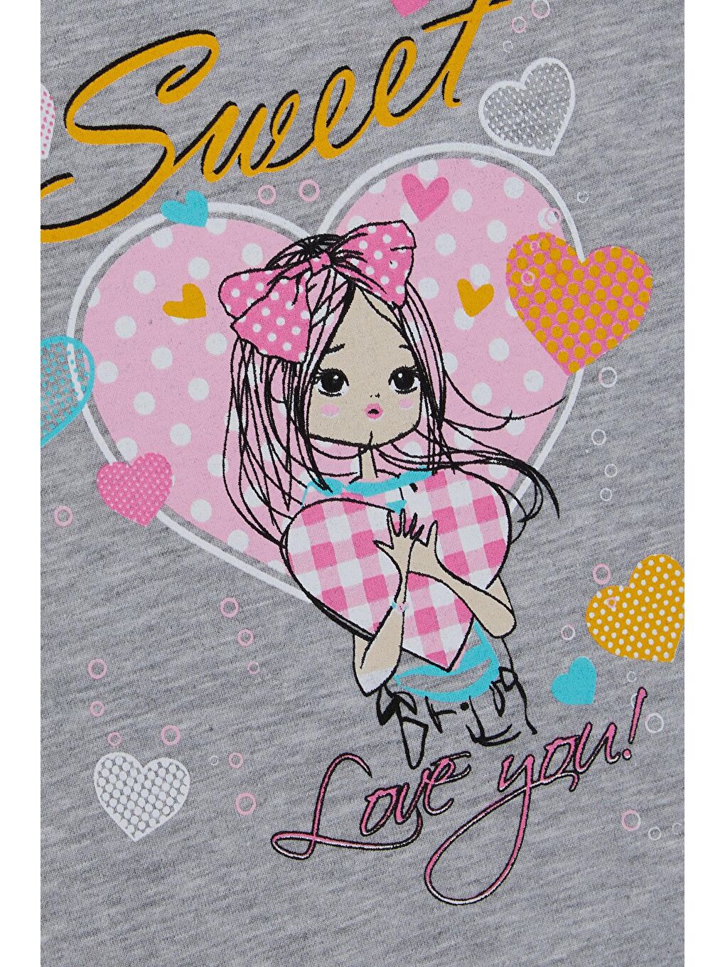 Kız Çocuk Taytlı Takım Sevimli Kız Baskılı Kalpli Gri Melanj (2-6 Yaş)-5
