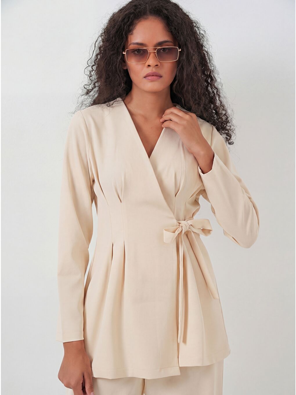 Kadın Kimono Pantolon Kumaş Takım 30054 - Bej-1