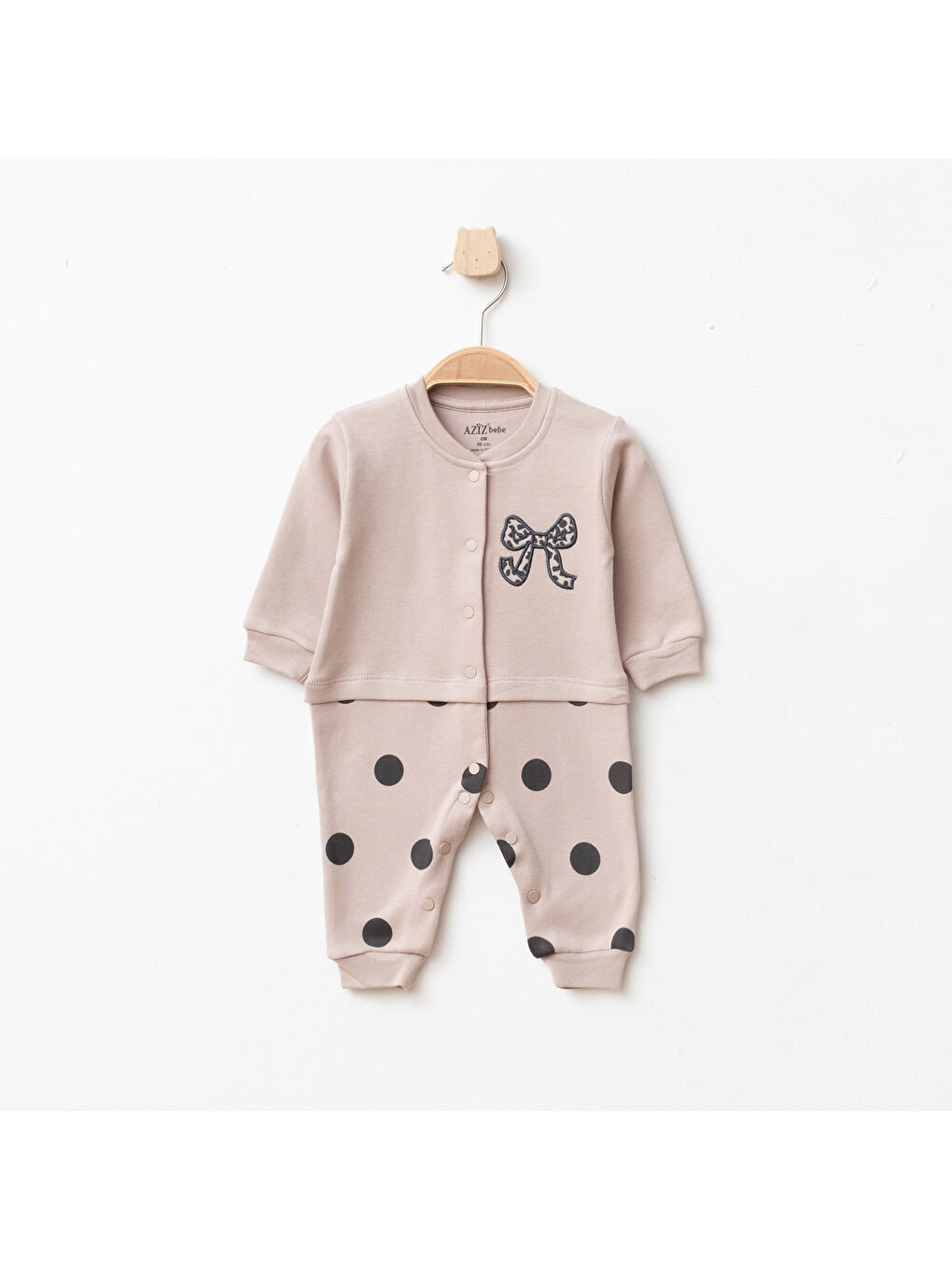 Bej Kız Bebek Çıtçıtlı Fiyonk Nakişli %100 Pamuk Tulum 0 Ay 6 Ay