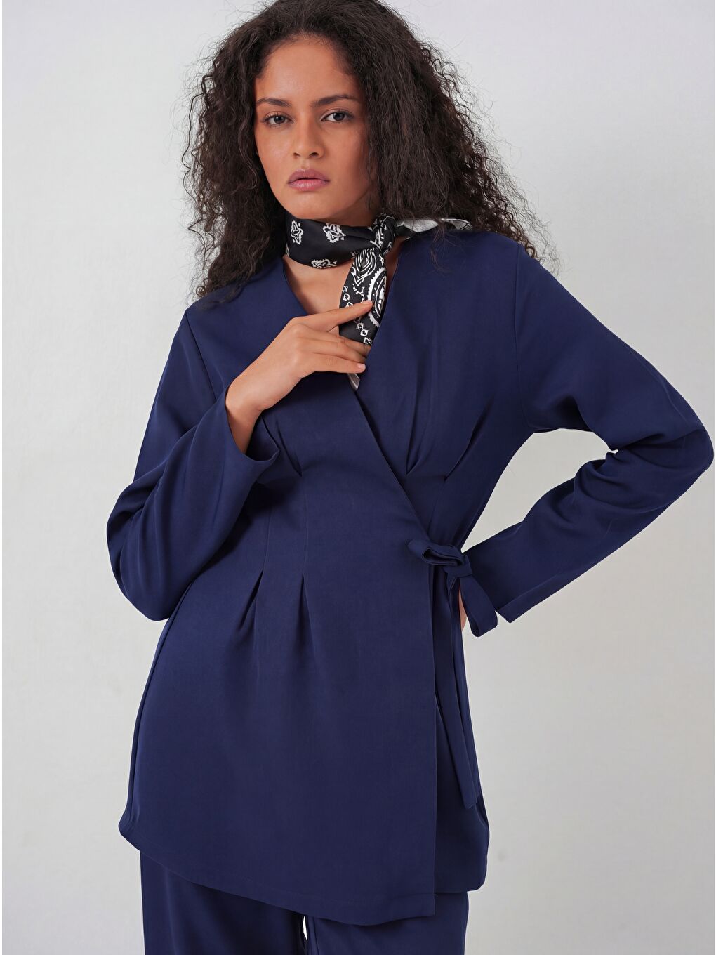 Kadın Kimono Pantolon Kumaş Takım 30054 - Lacivert-1