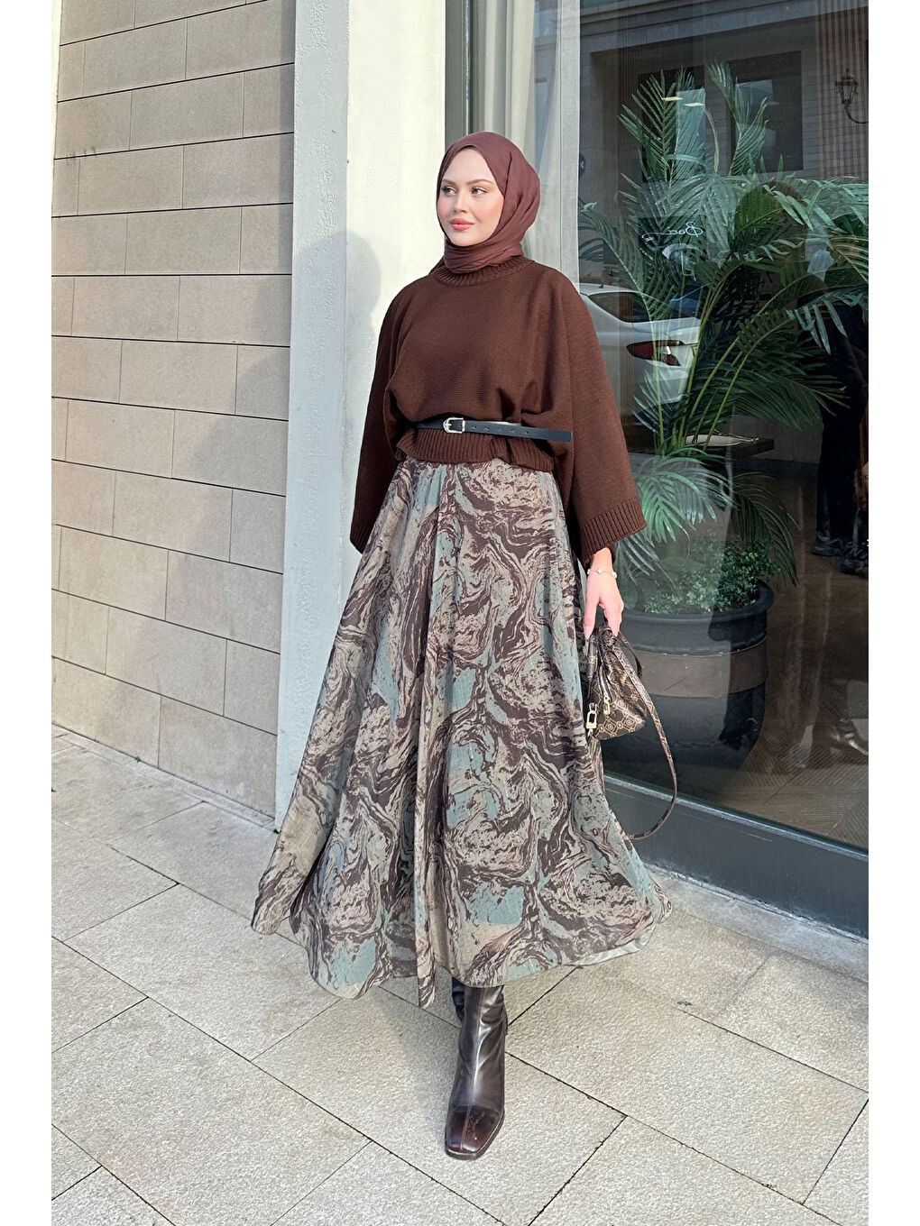 Kadın Soyut Desenli Sim Detay Kemerli Etek Haki Yeşil