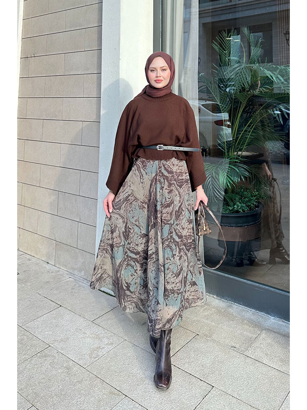 Kadın Soyut Desenli Sim Detay Kemerli Etek Haki Yeşil-1