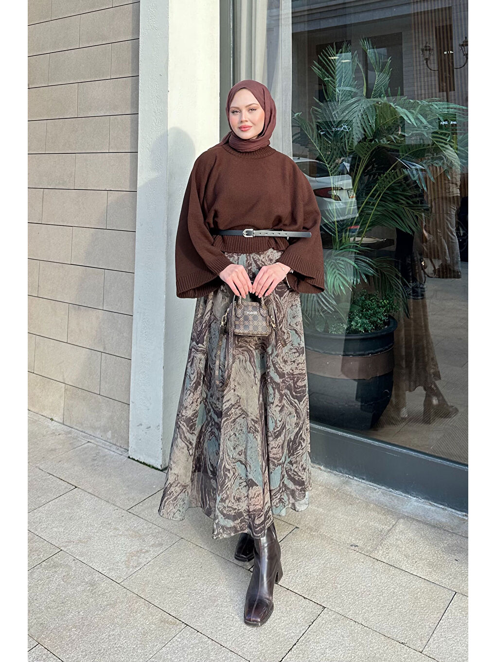 Kadın Soyut Desenli Sim Detay Kemerli Etek Haki Yeşil-2