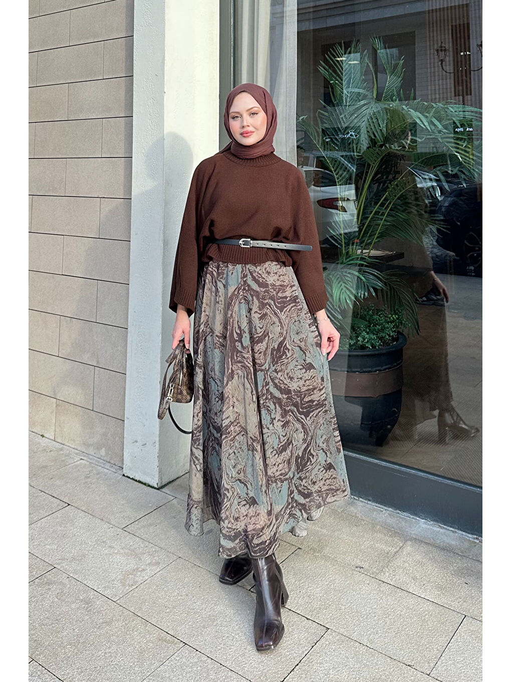 Kadın Soyut Desenli Sim Detay Kemerli Etek Haki Yeşil-3