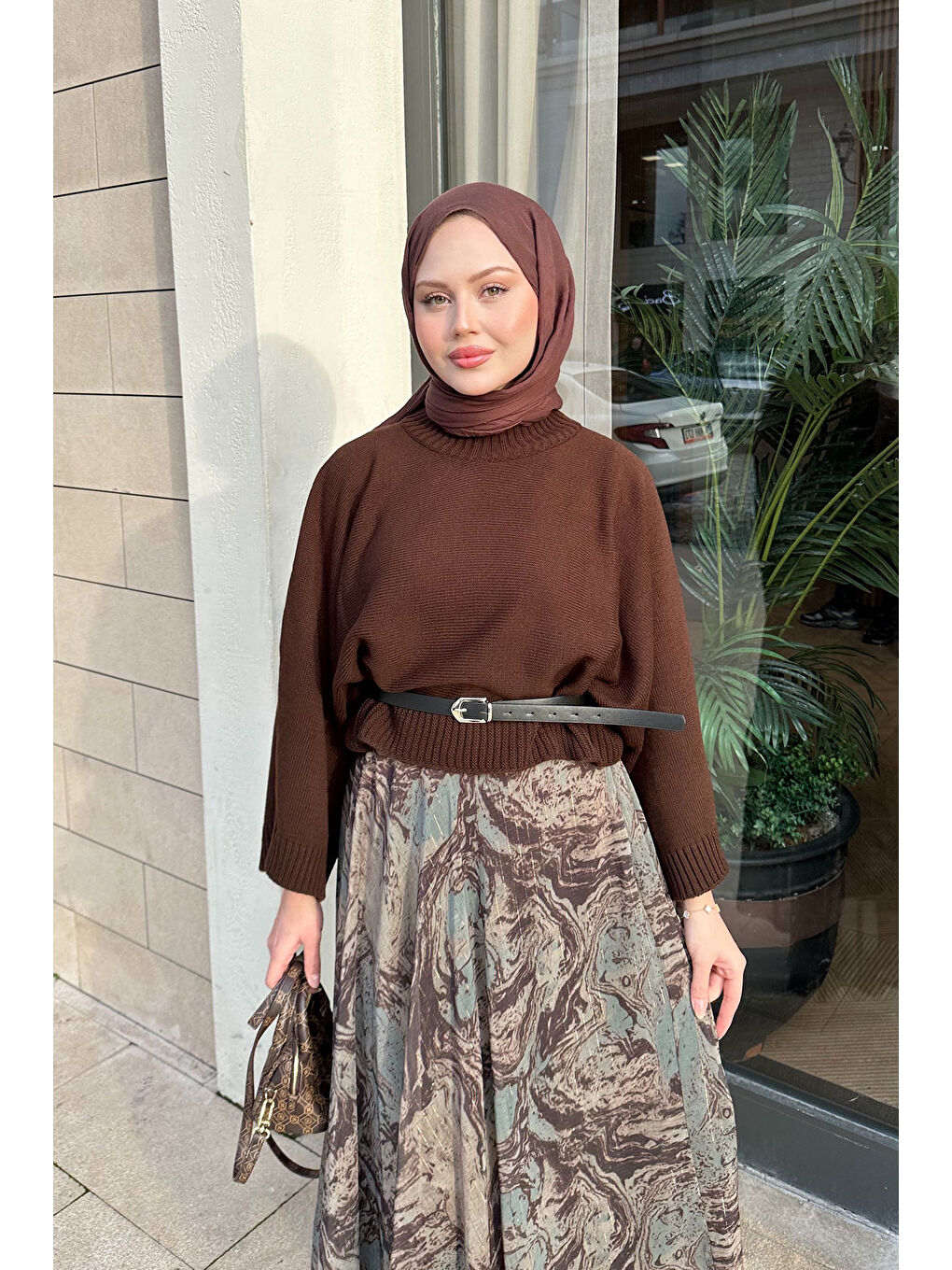 Kadın Soyut Desenli Sim Detay Kemerli Etek Haki Yeşil-4