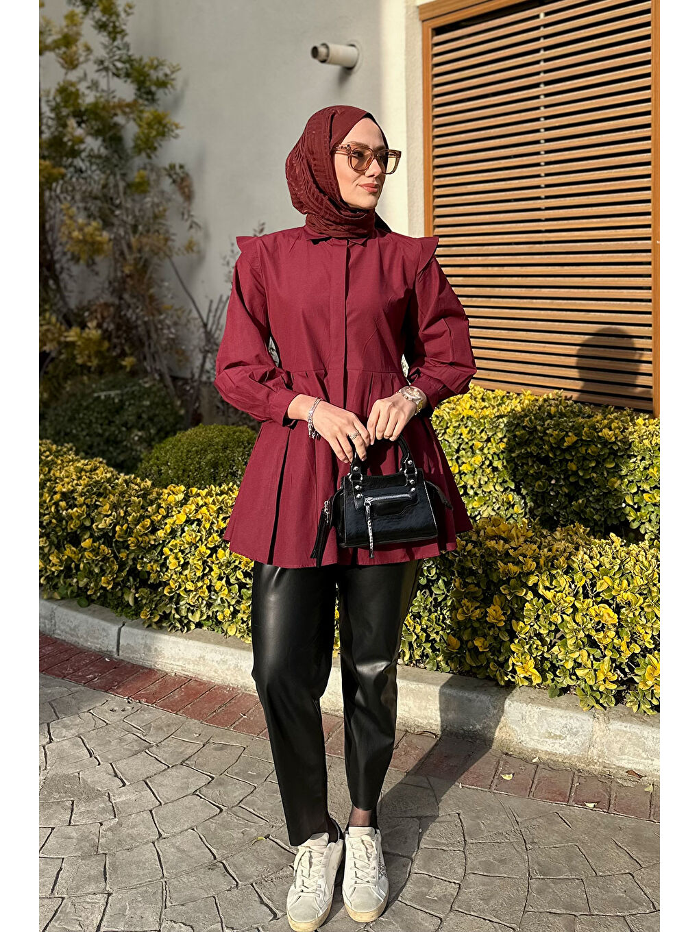 Eteği Pile Detaylı Gömlek  Bordo-1