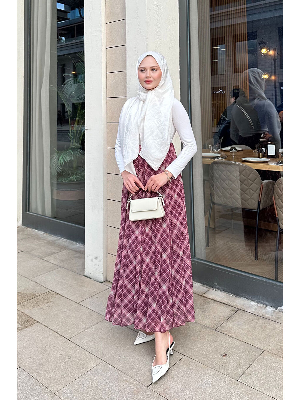 Kadın Dikiş Detay Etnik Desen Beli Lastikli Şifon Etek Fuşya-2