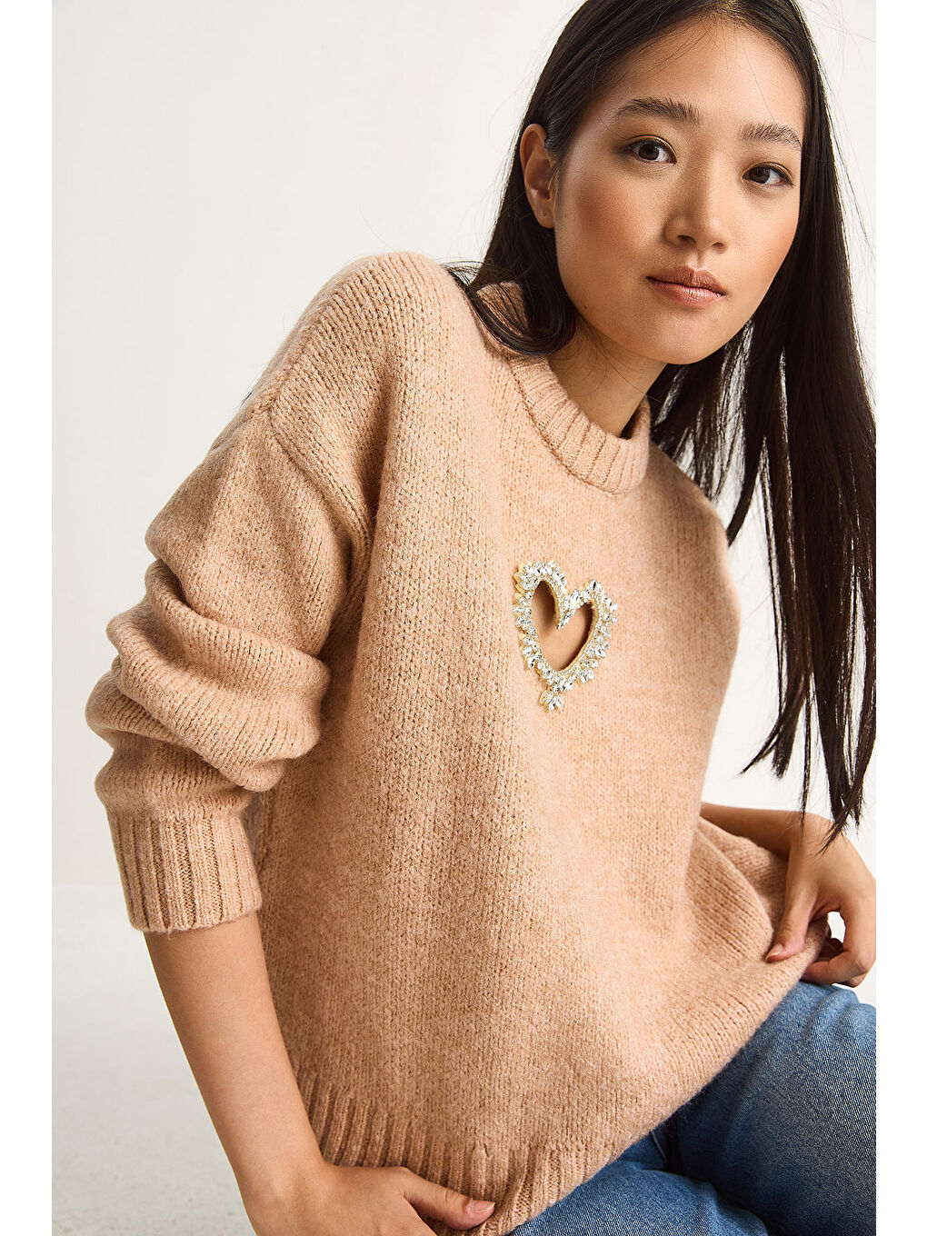 Pembe Kadın Kalp Detaylı Taş İşlemeli Triko Kazak-5