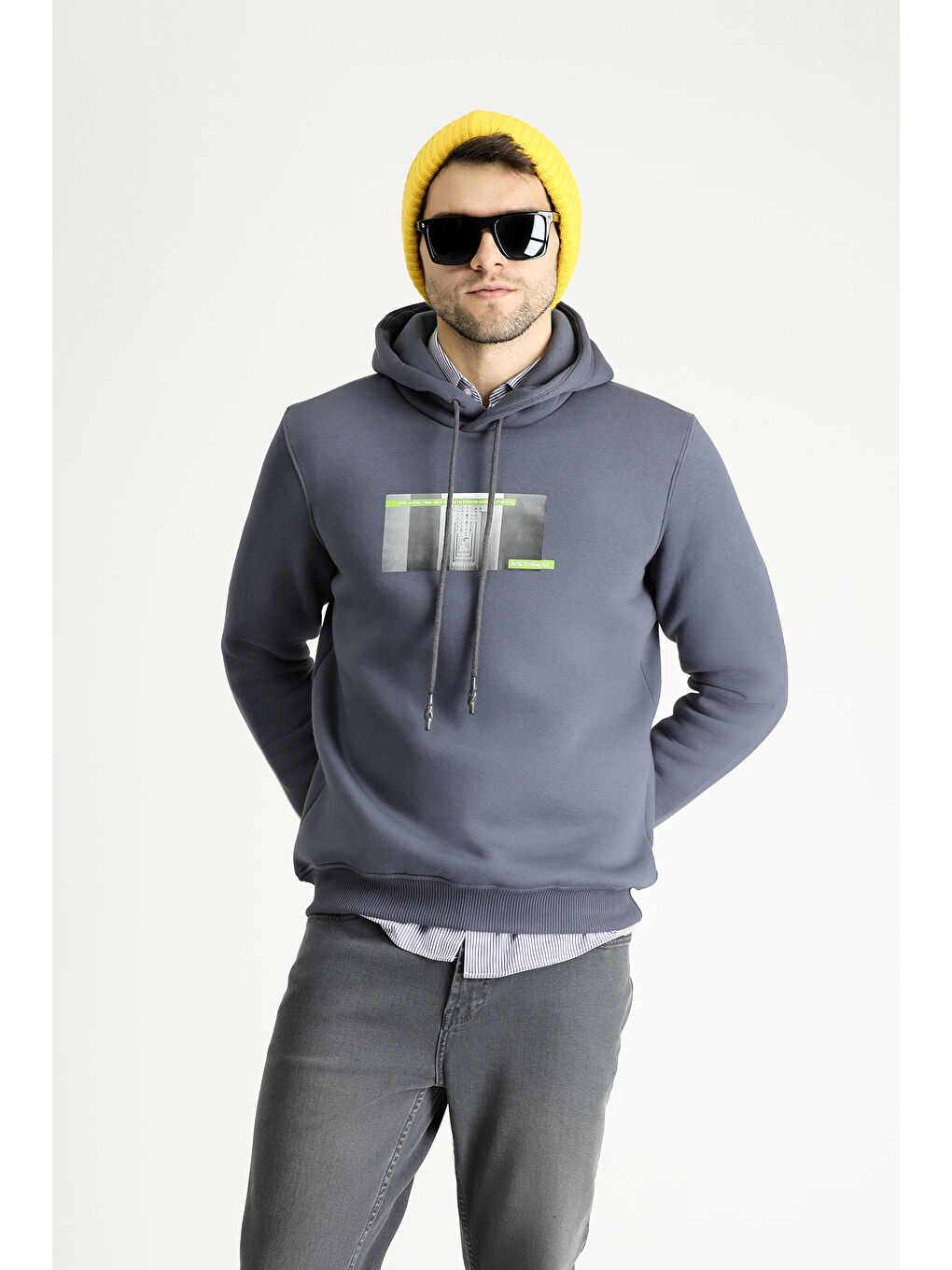 Antrasit Kapüşonlu İçi Polarlı Baskılı Pamuklu Sweatshirt-2