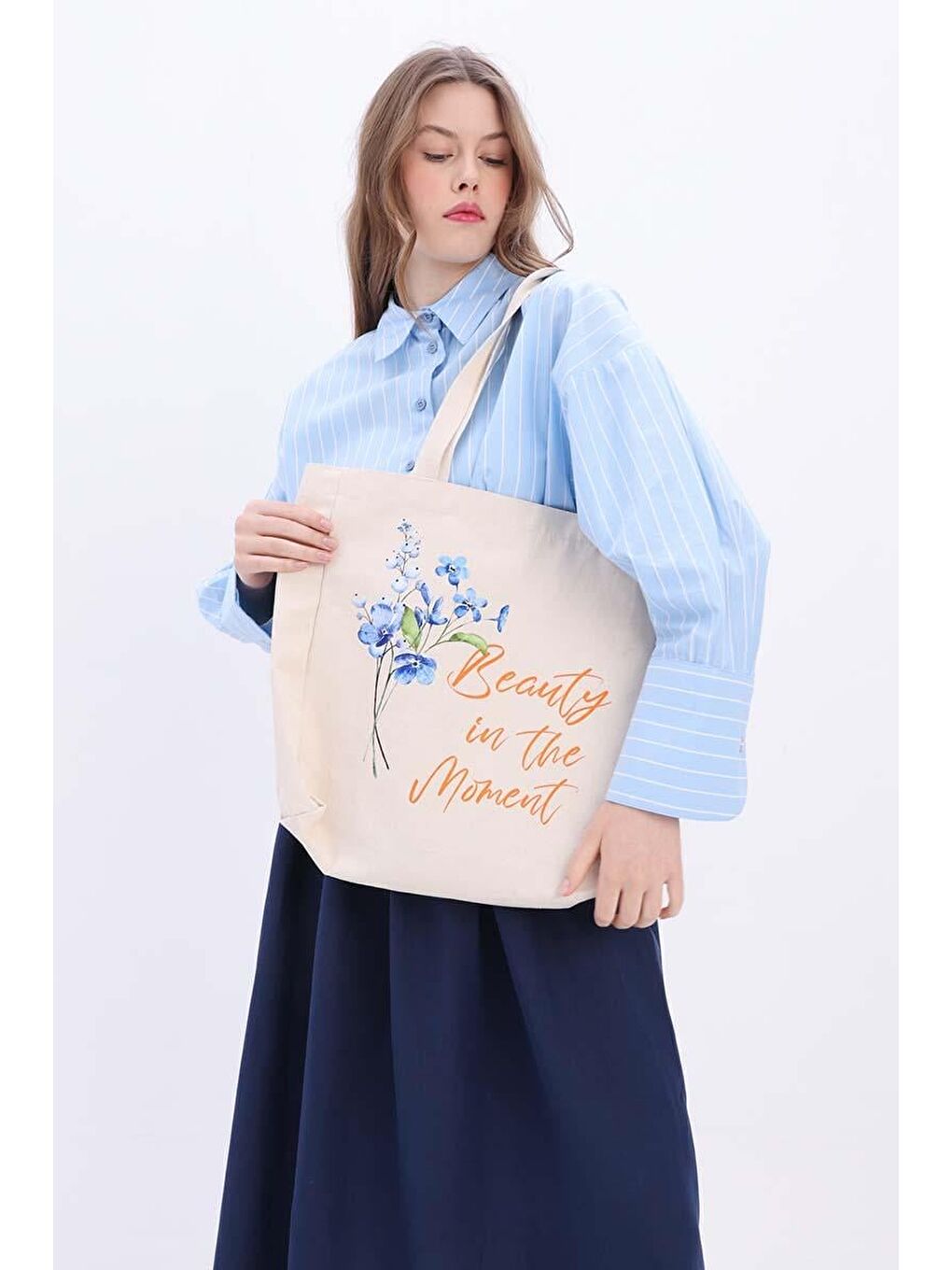 Mavi-Turuncu-Baskılı Bez Çanta