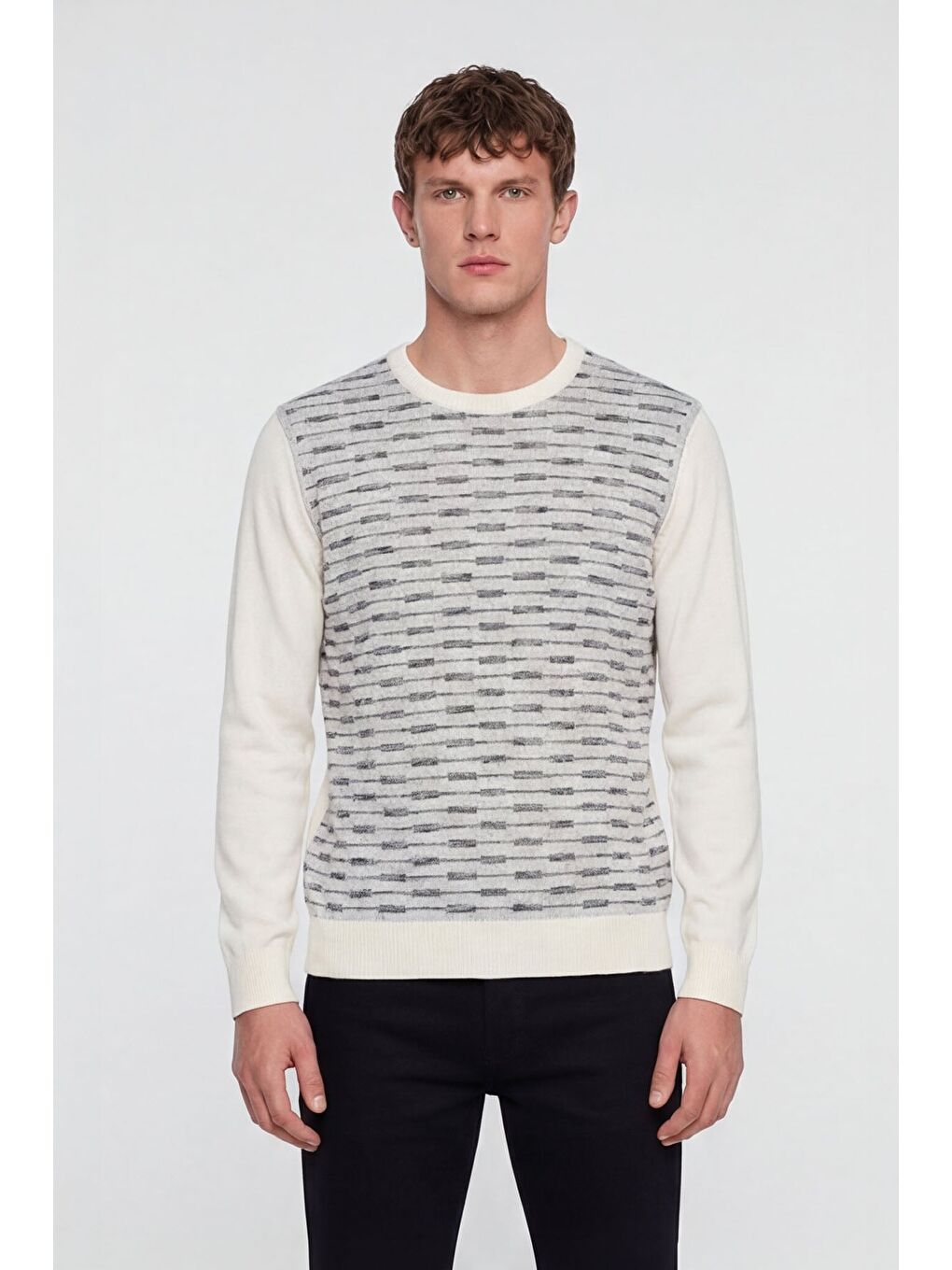 Beyaz Erkek Kemik Normal Kesim Regular Fit Yünlü Standart Boy Dokuma Triko Kazak