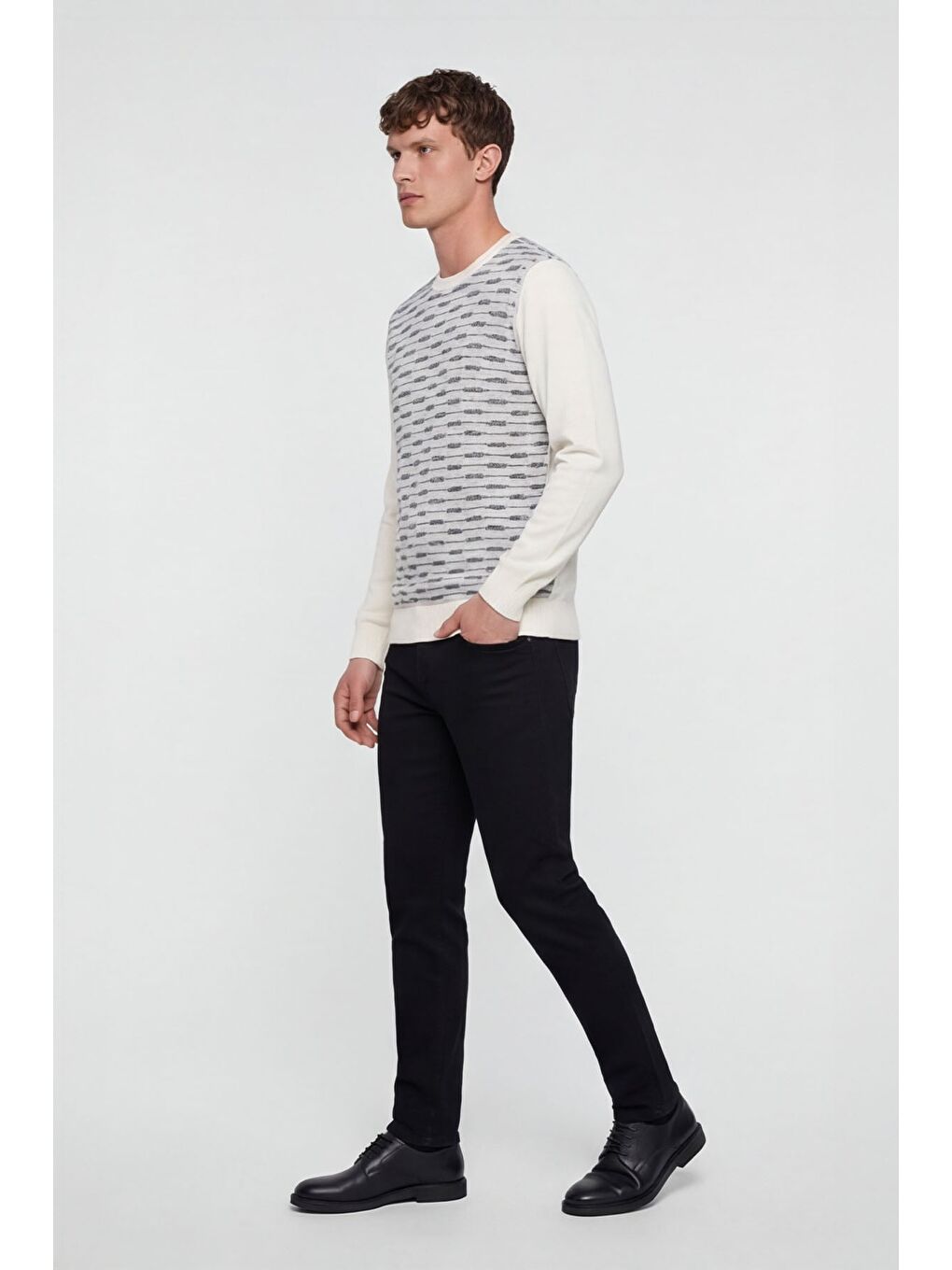 Beyaz Erkek Kemik Normal Kesim Regular Fit Yünlü Standart Boy Dokuma Triko Kazak-2