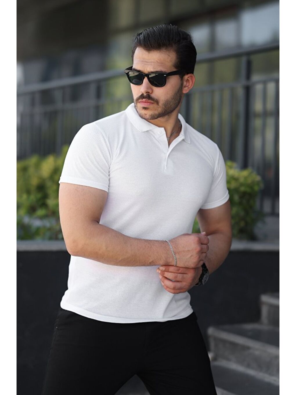 Beyaz Erkek Kısa Kollu Yakalı Tişört-1