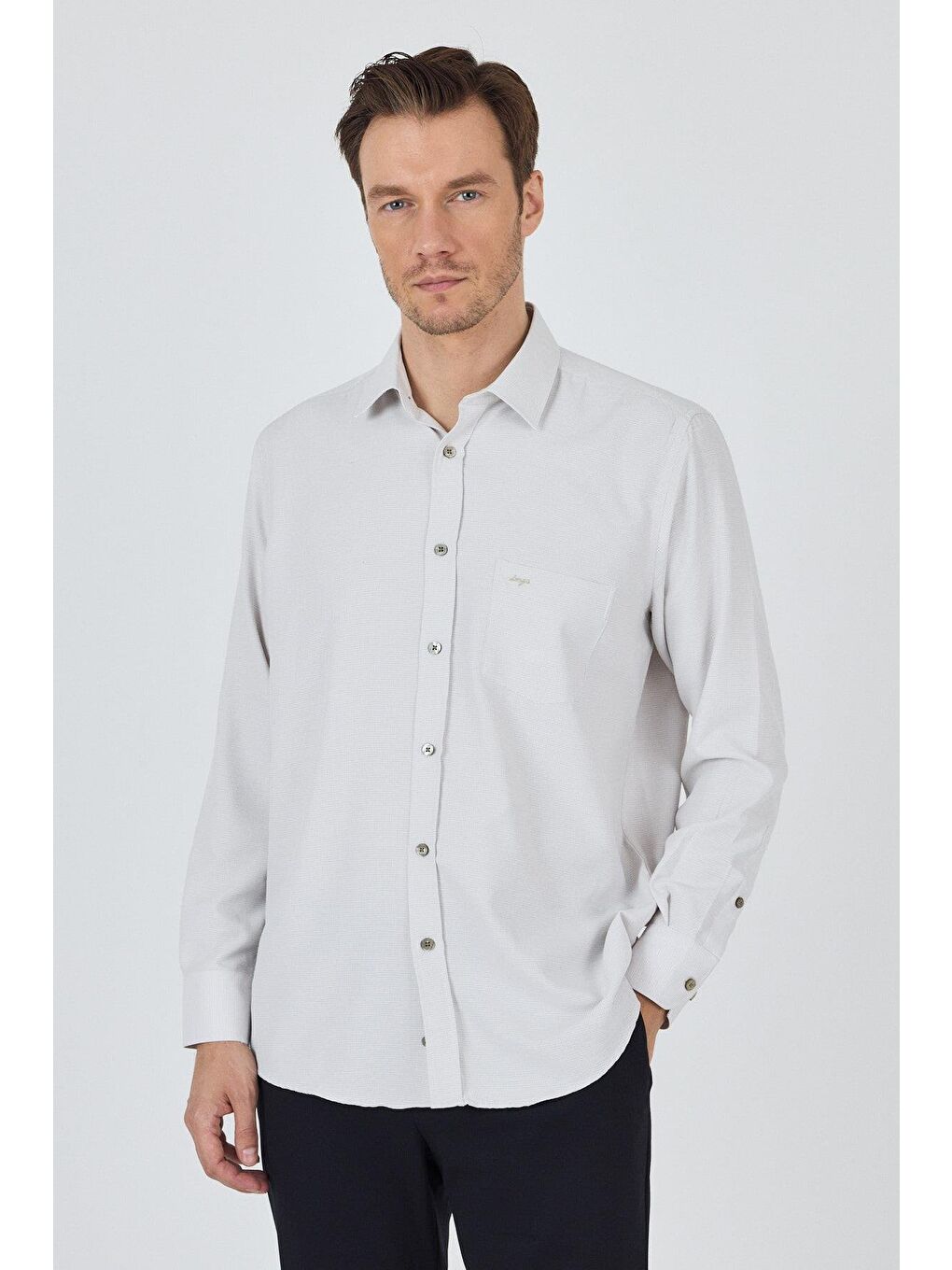 Bej Uzun Kol Desenli Armürlü Sert Yaka Cepli Pamuklu Classic Comfort Fit Gömlek 1004250174