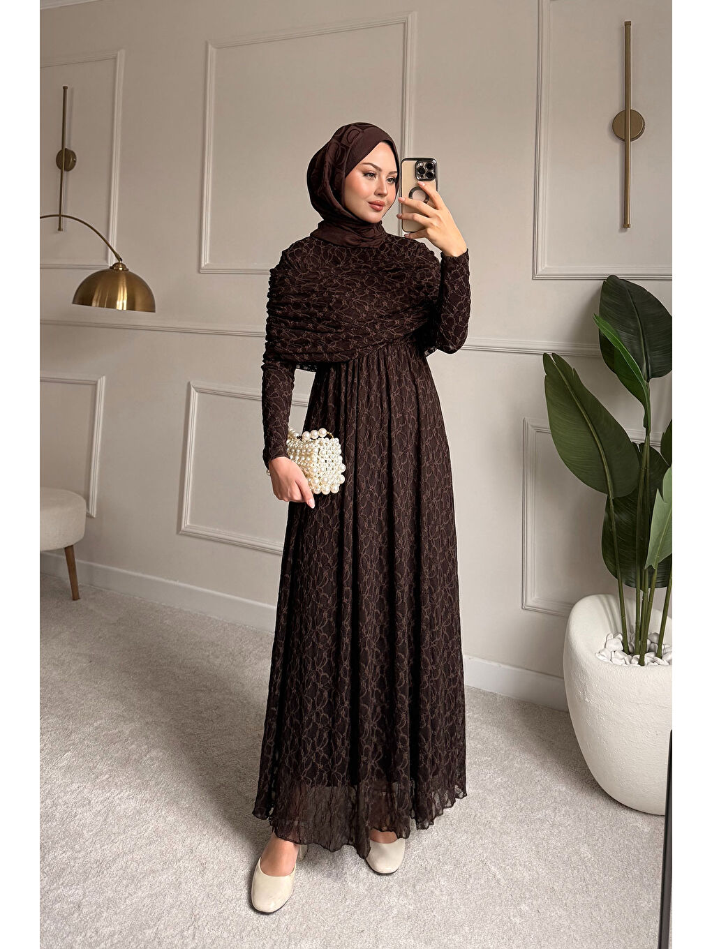 Kadın Kendinden Desenli Tül Detay Beli Lastikli Elbise Kahverengi