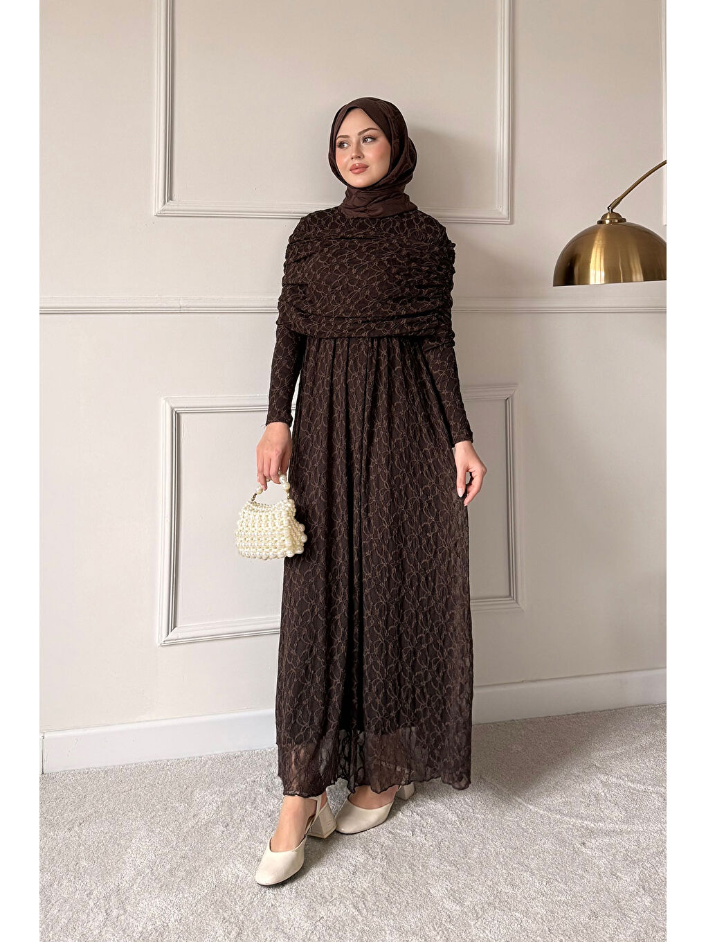 Kadın Kendinden Desenli Tül Detay Beli Lastikli Elbise Kahverengi-1