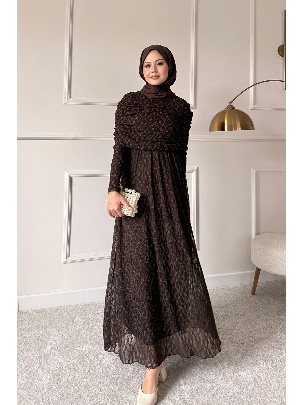 Kadın Kendinden Desenli Tül Detay Beli Lastikli Elbise Kahverengi-2