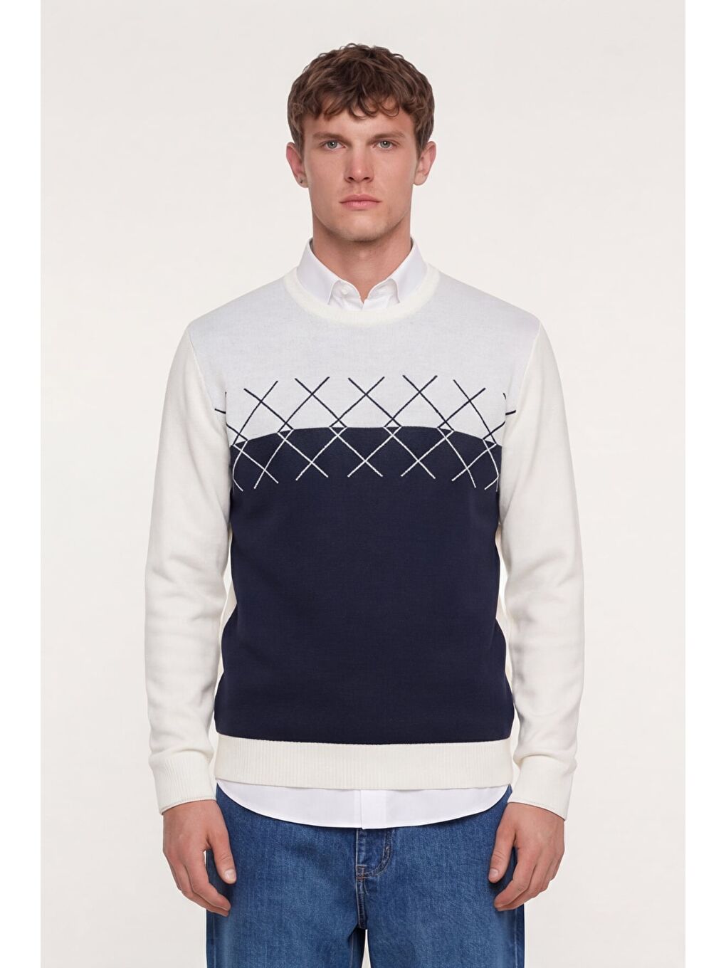 Beyaz Erkek Kemik-Siyah Normal Kesim Regular Fit Yünlü Dokuma Desenli Triko Kazak