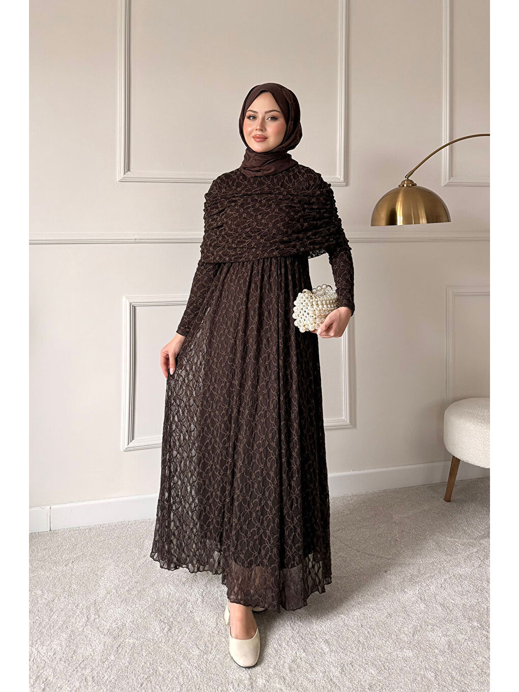 Kadın Kendinden Desenli Tül Detay Beli Lastikli Elbise Kahverengi-3