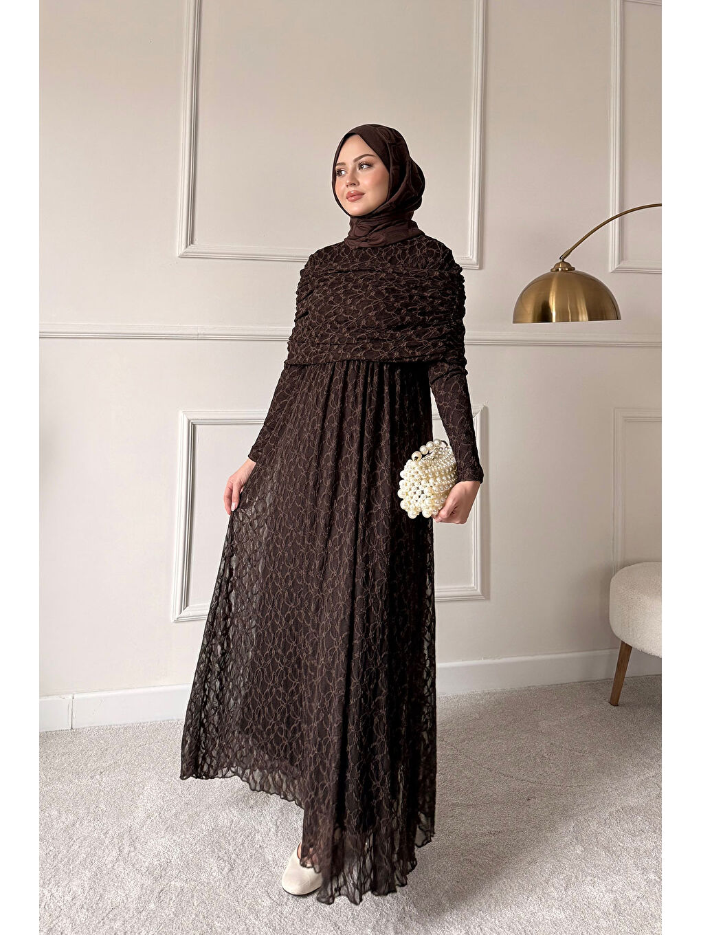 Kadın Kendinden Desenli Tül Detay Beli Lastikli Elbise Kahverengi-4