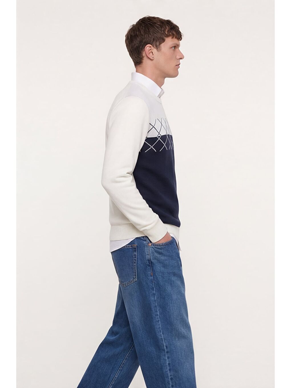 Beyaz Erkek Kemik-Siyah Normal Kesim Regular Fit Yünlü Dokuma Desenli Triko Kazak-2