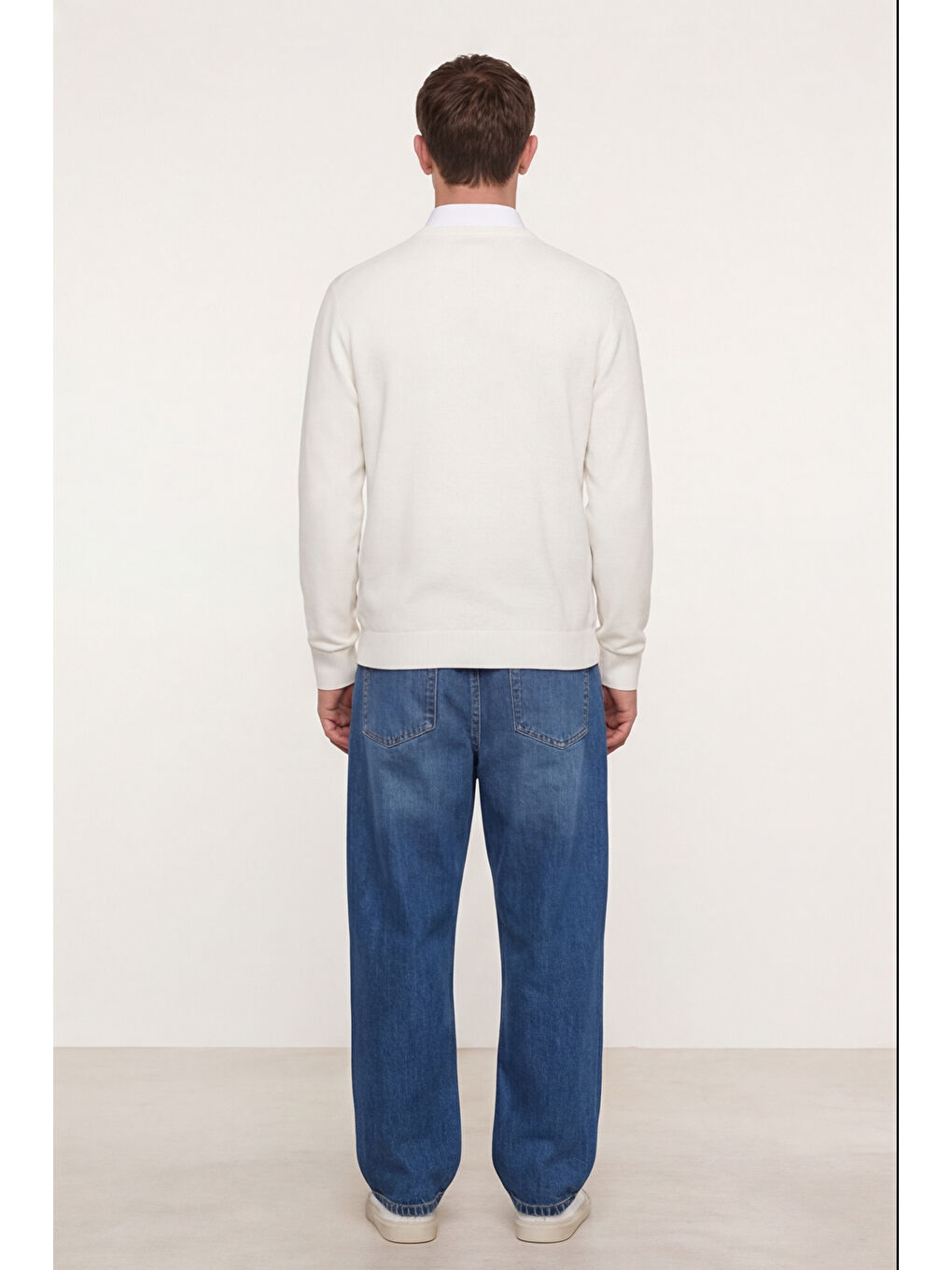 Beyaz Erkek Kemik-Siyah Normal Kesim Regular Fit Yünlü Dokuma Desenli Triko Kazak-3