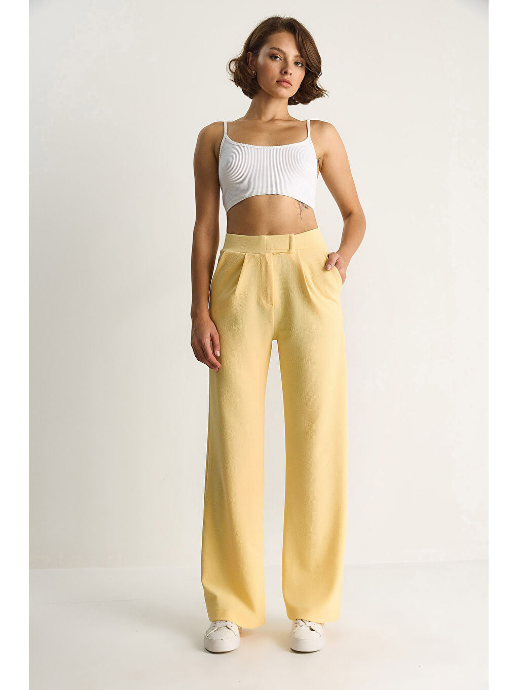 Sarı Kadın Beli Cırtlı Rahat Palazzo Pantolon-1